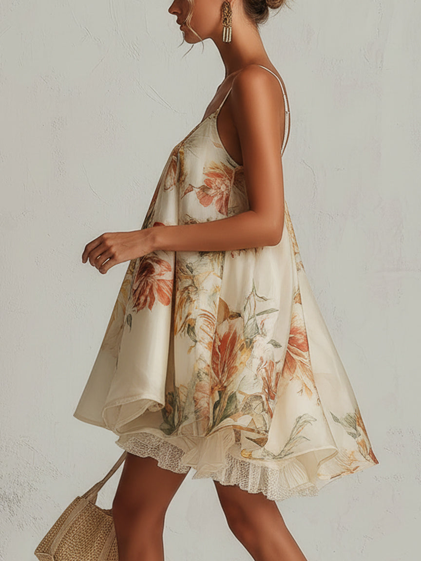 Liliana | Vestido corto de corte A en organza beige con motivo floral y borde de encaje