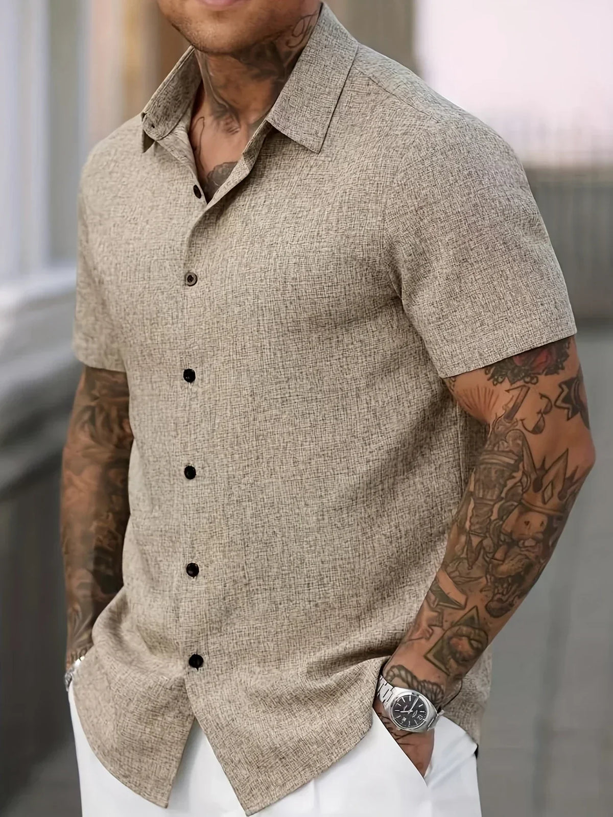 Camisa Ligera de Manga Corta en Mezcla de Lino