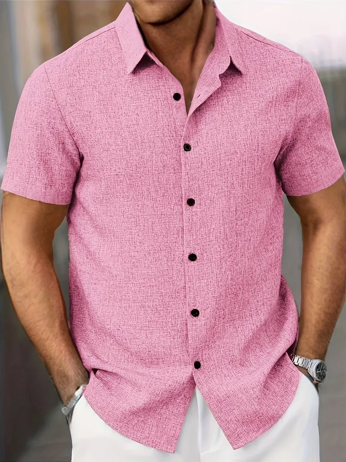 Camisa Ligera de Manga Corta en Mezcla de Lino