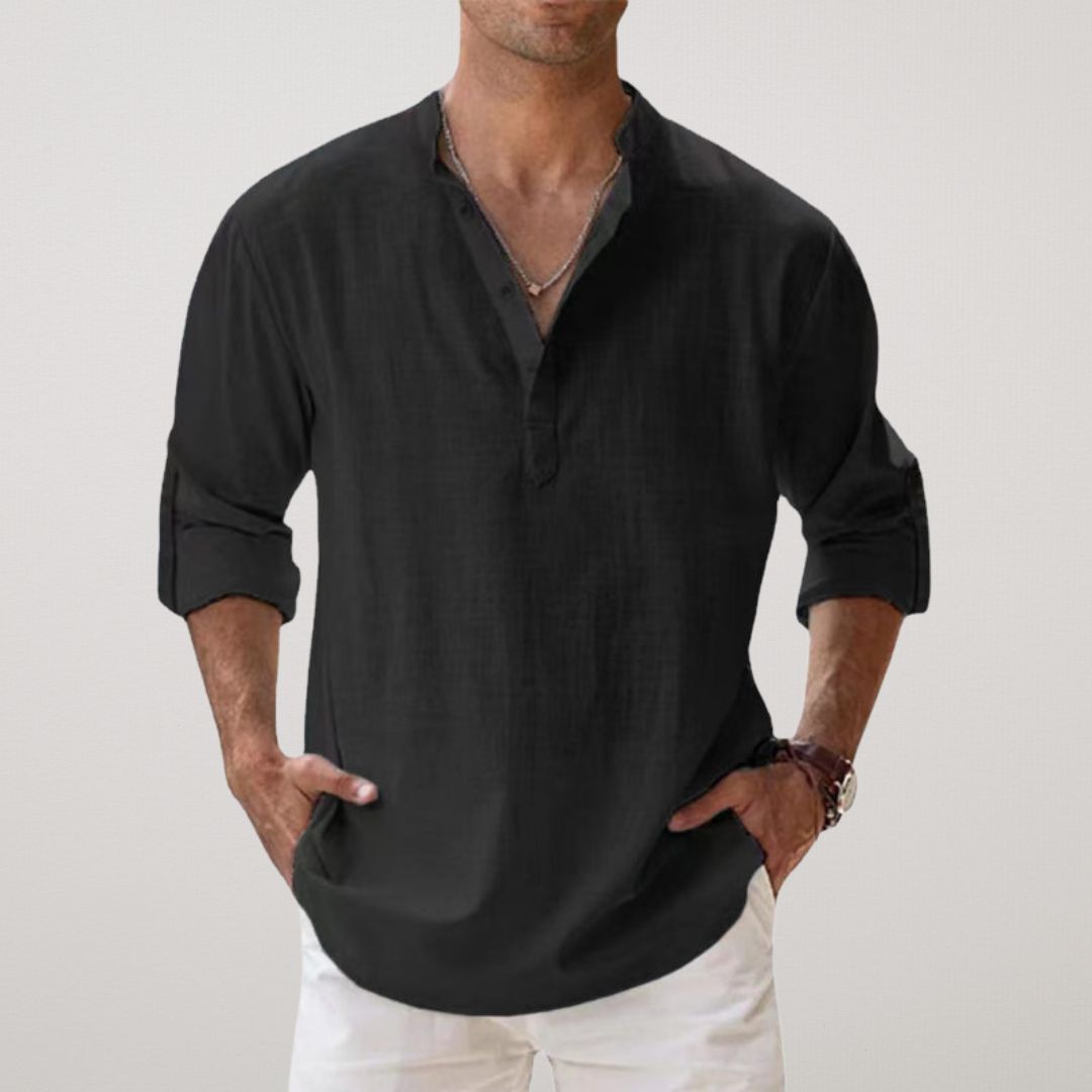 Camisa Henley de Algodón con Efecto Lino
