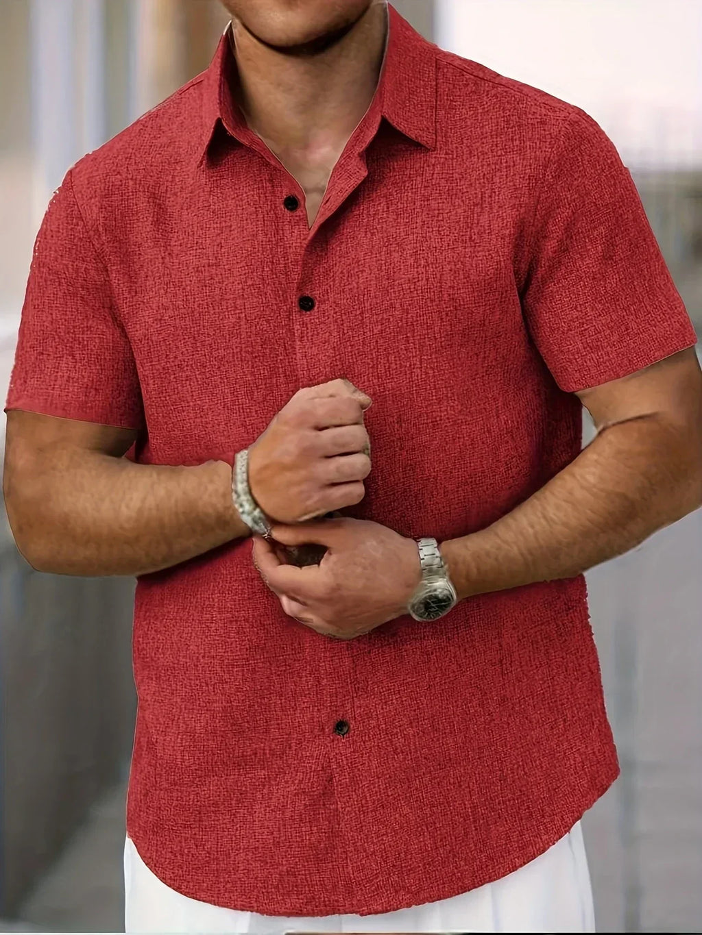 Camisa Ligera de Manga Corta en Mezcla de Lino