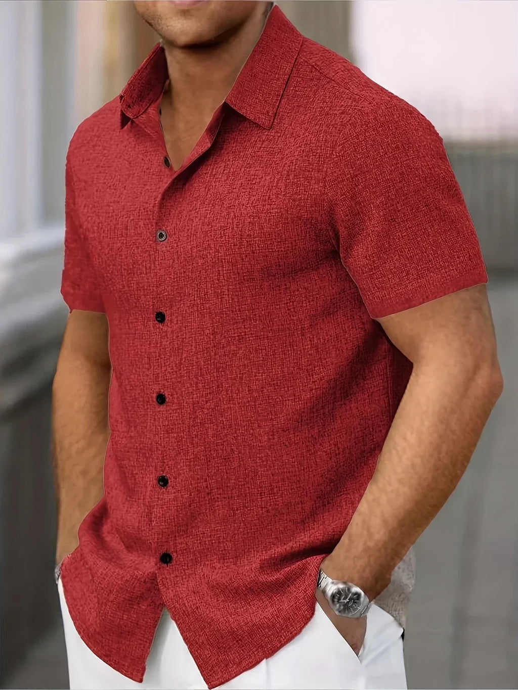 Camisa Ligera de Manga Corta en Mezcla de Lino