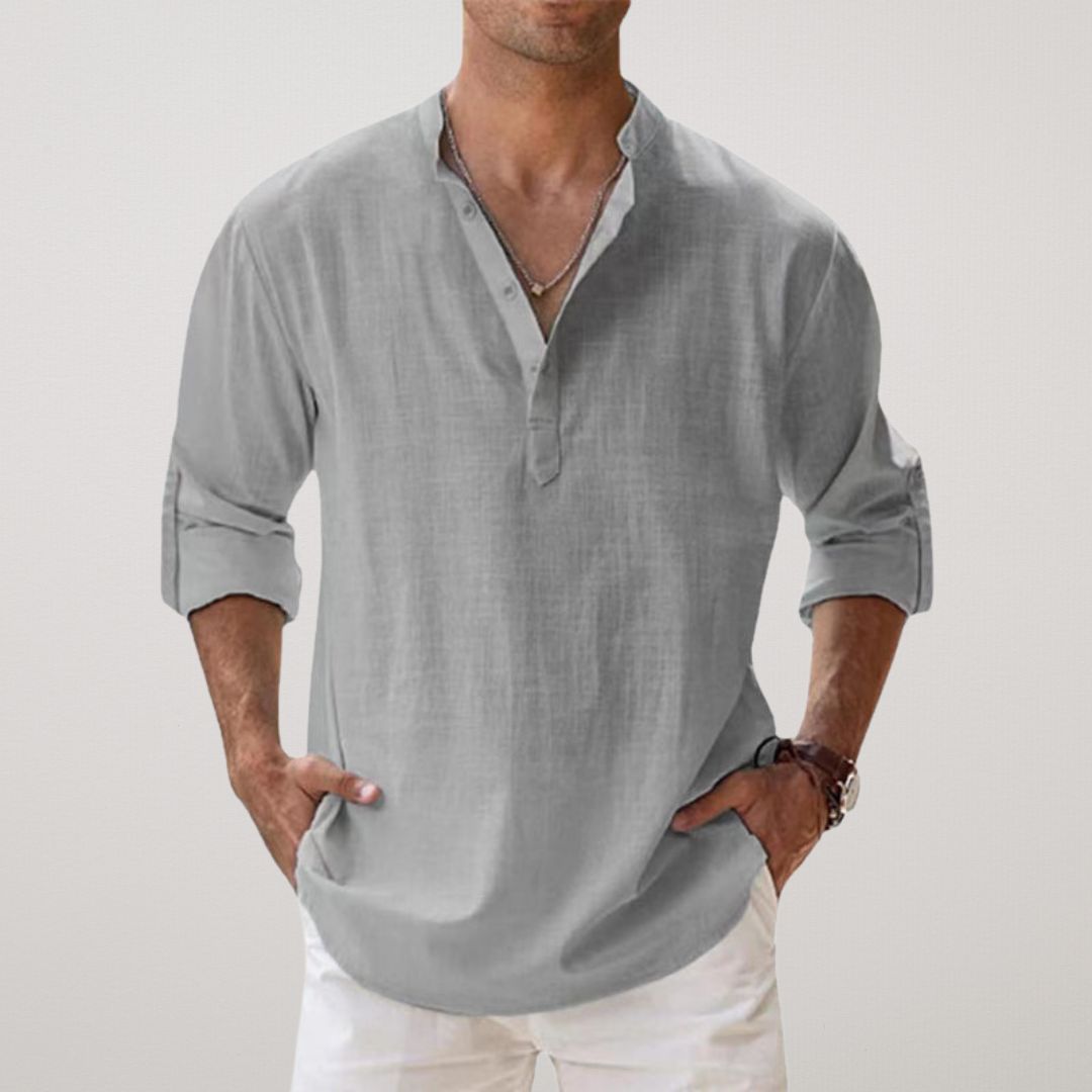 Camisa Henley de Algodón con Efecto Lino