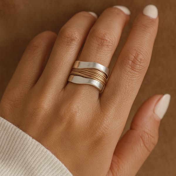 Anillo Plateado con Hilos Dorados