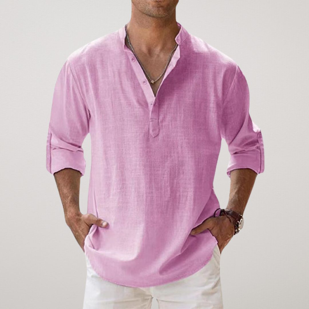 Camisa Henley de Algodón con Efecto Lino
