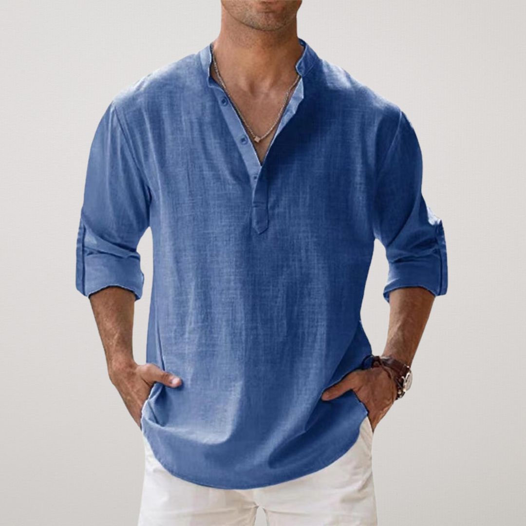 Camisa Henley de Algodón con Efecto Lino