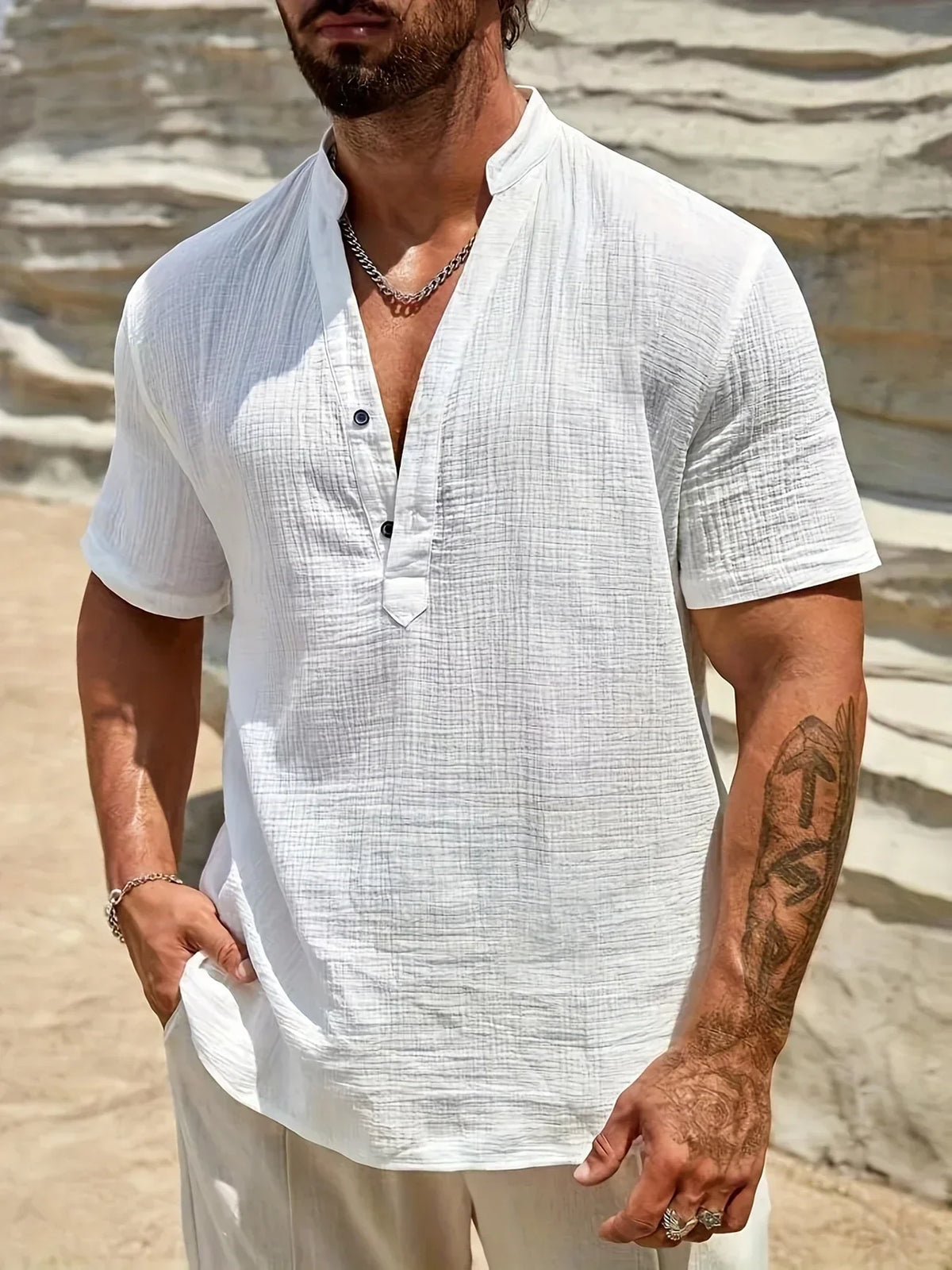 Camisa de Verano Elegante con Cuello Mao