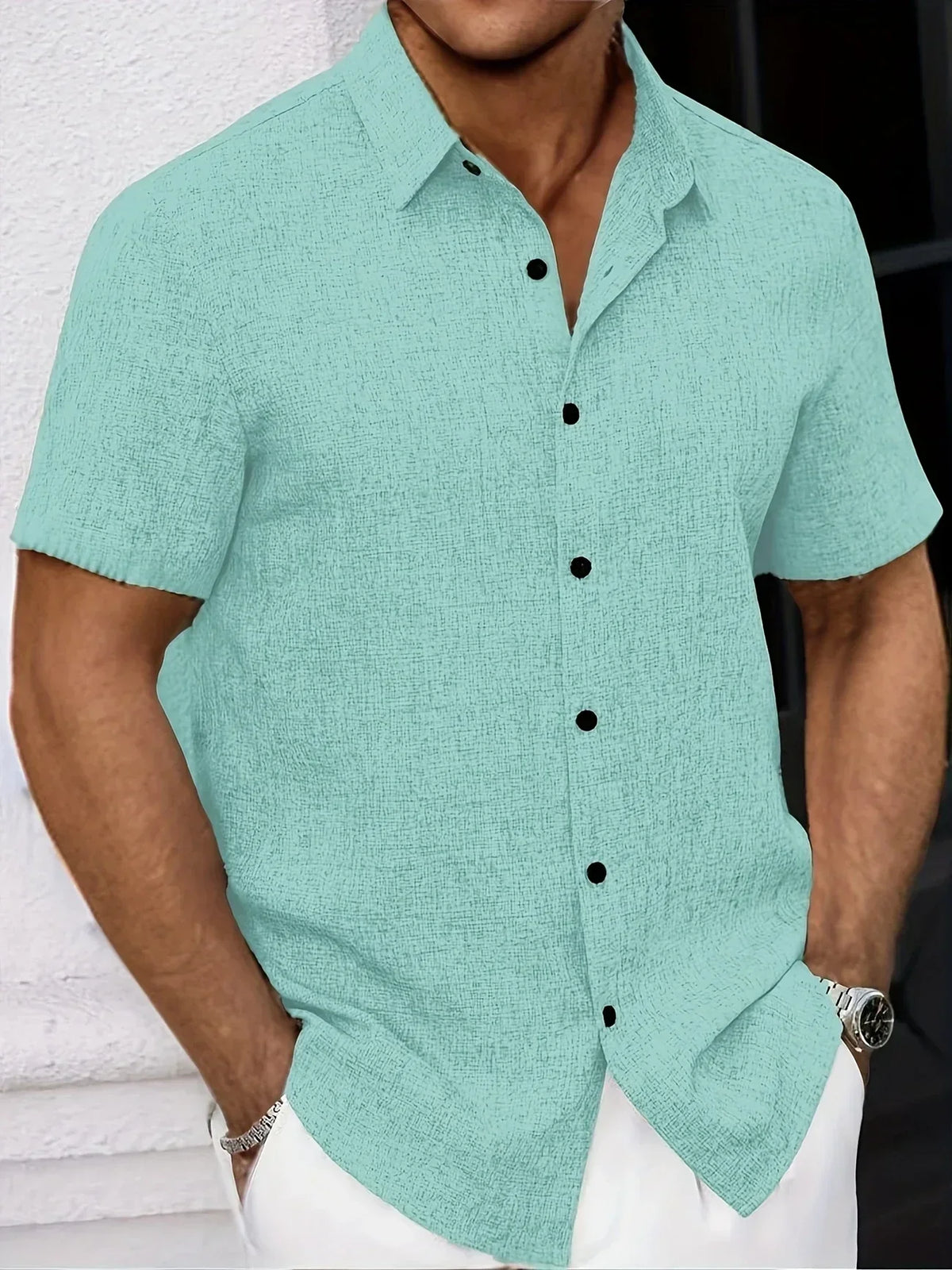 Camisa Ligera de Manga Corta en Mezcla de Lino