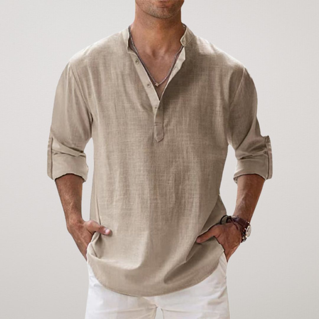 Camisa Henley de Algodón con Efecto Lino