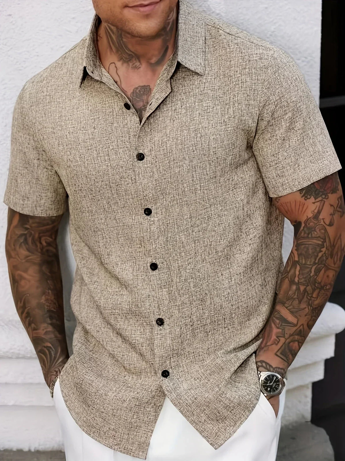Camisa Ligera de Manga Corta en Mezcla de Lino
