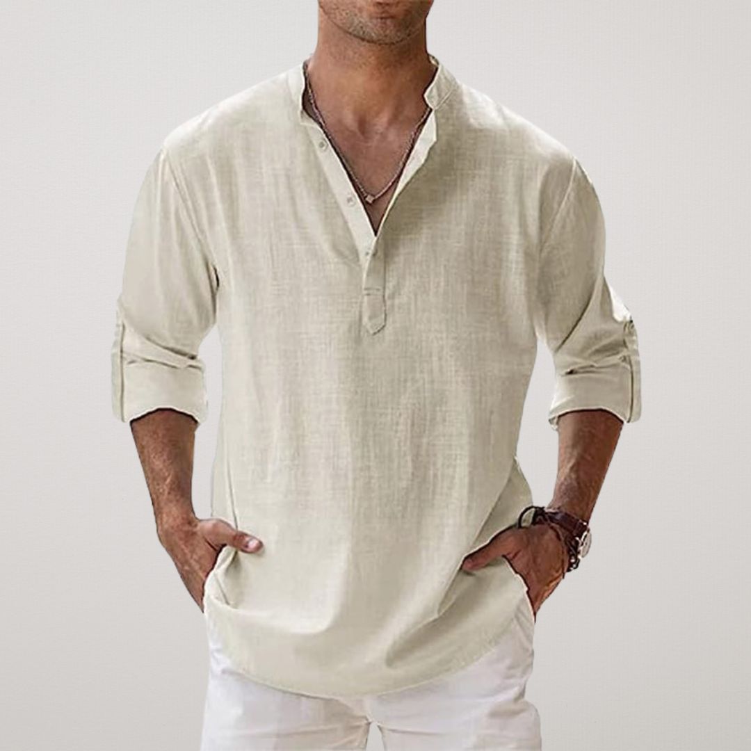 Camisa Henley de Algodón con Efecto Lino
