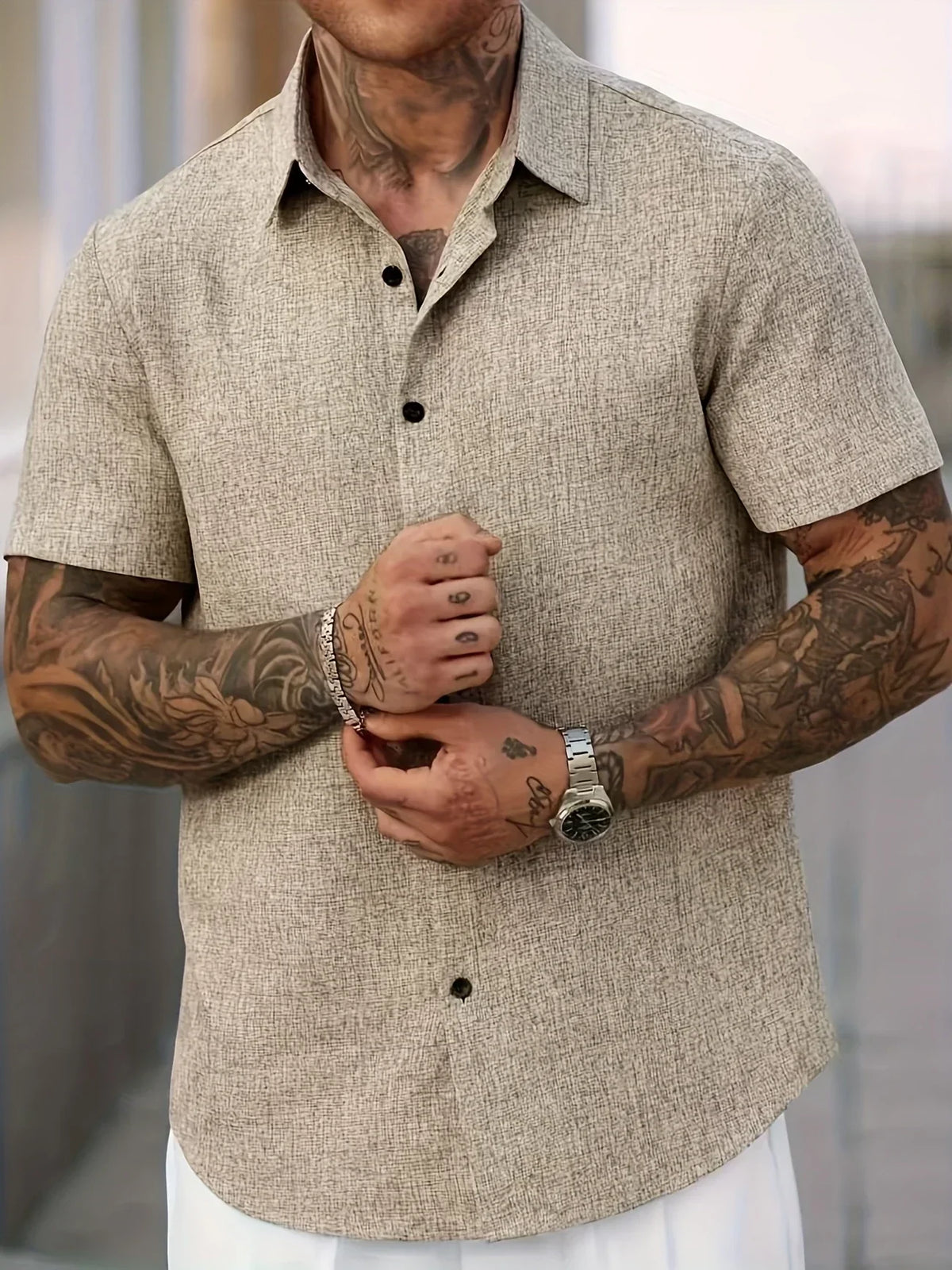 Camisa Ligera de Manga Corta en Mezcla de Lino