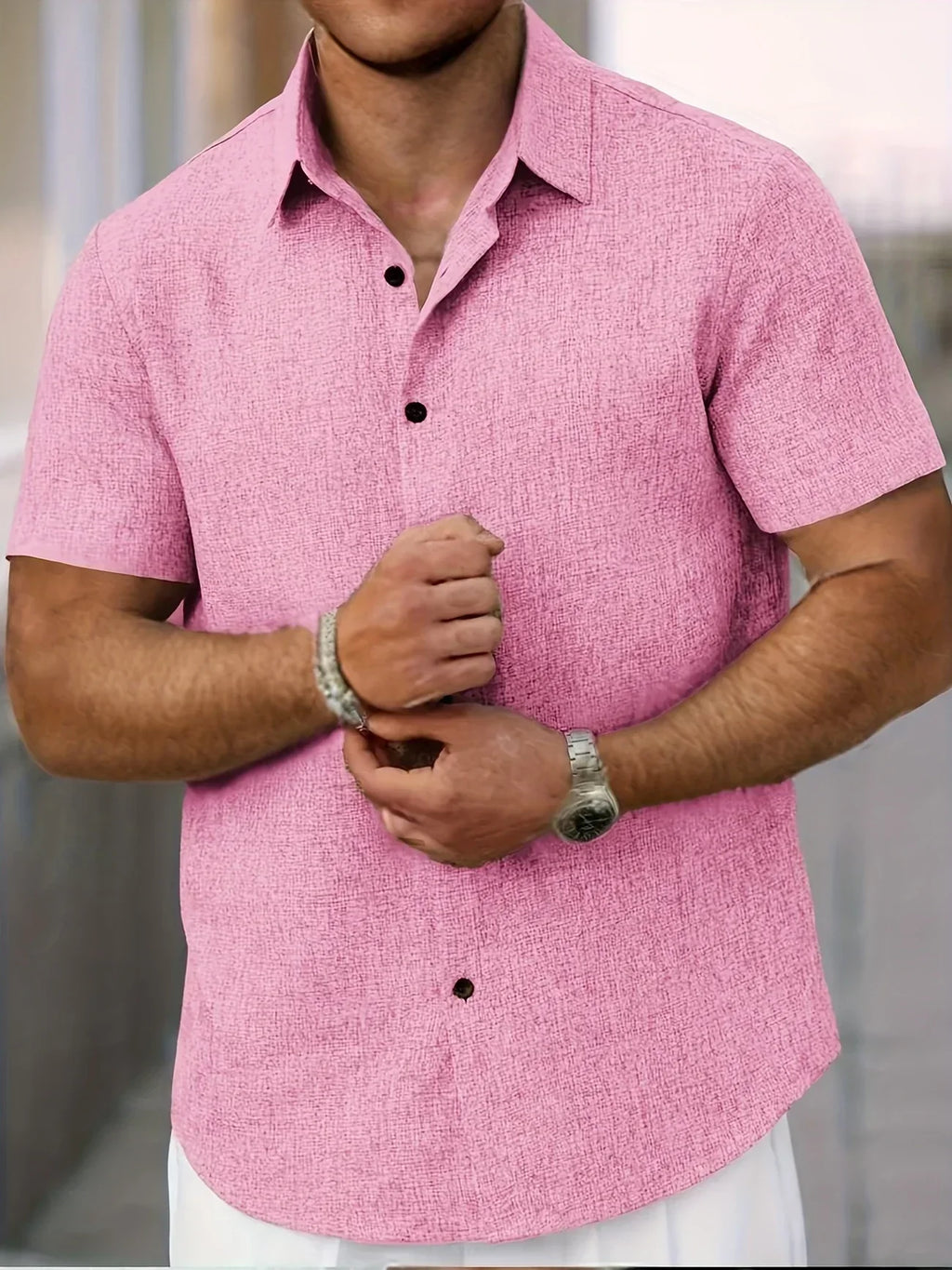 Camisa Ligera de Manga Corta en Mezcla de Lino