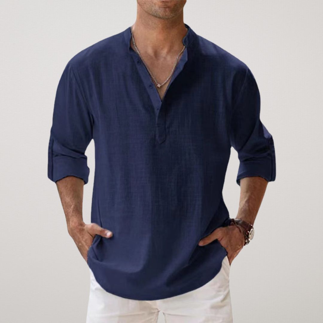 Camisa Henley de Algodón con Efecto Lino