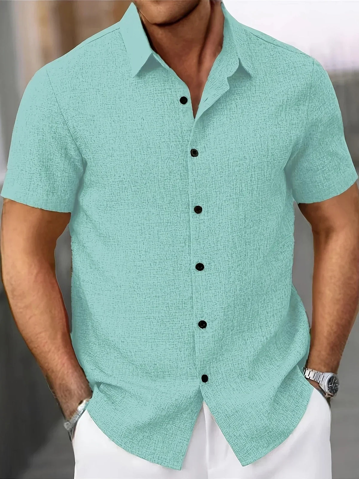 Camisa Ligera de Manga Corta en Mezcla de Lino