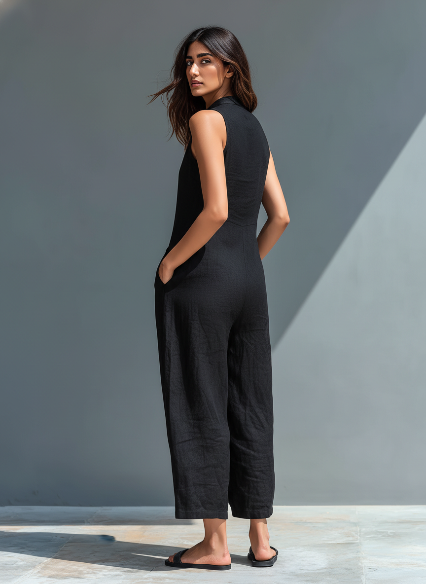 Lea | Mono minimalista de lino sin mangas y cuello alto