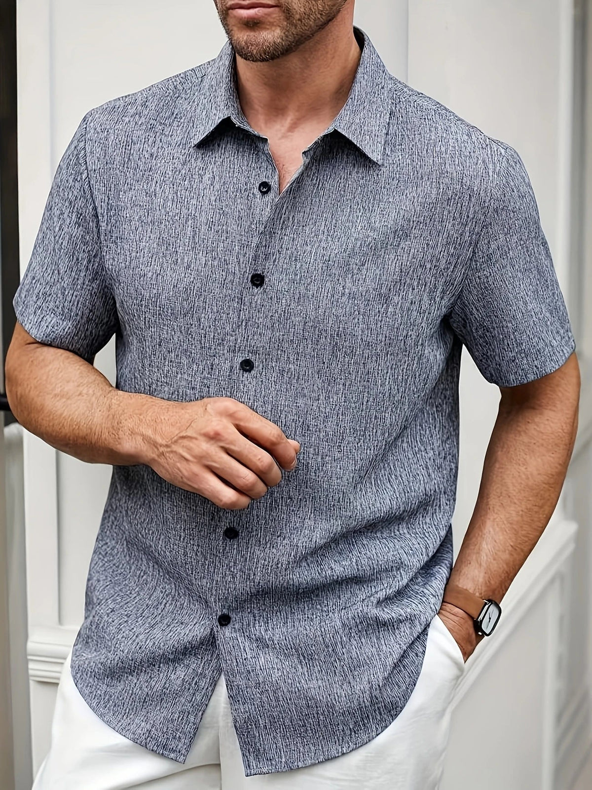 Camisa Ligera de Manga Corta en Mezcla de Lino