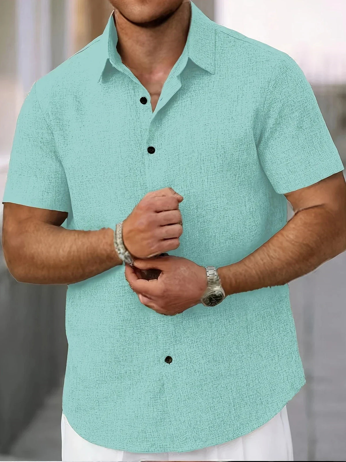 Camisa Ligera de Manga Corta en Mezcla de Lino