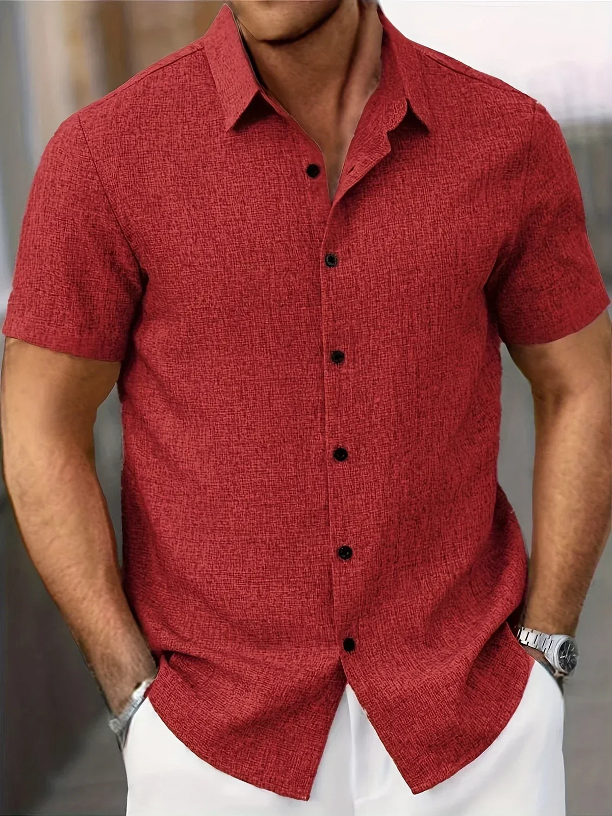 Camisa Ligera de Manga Corta en Mezcla de Lino