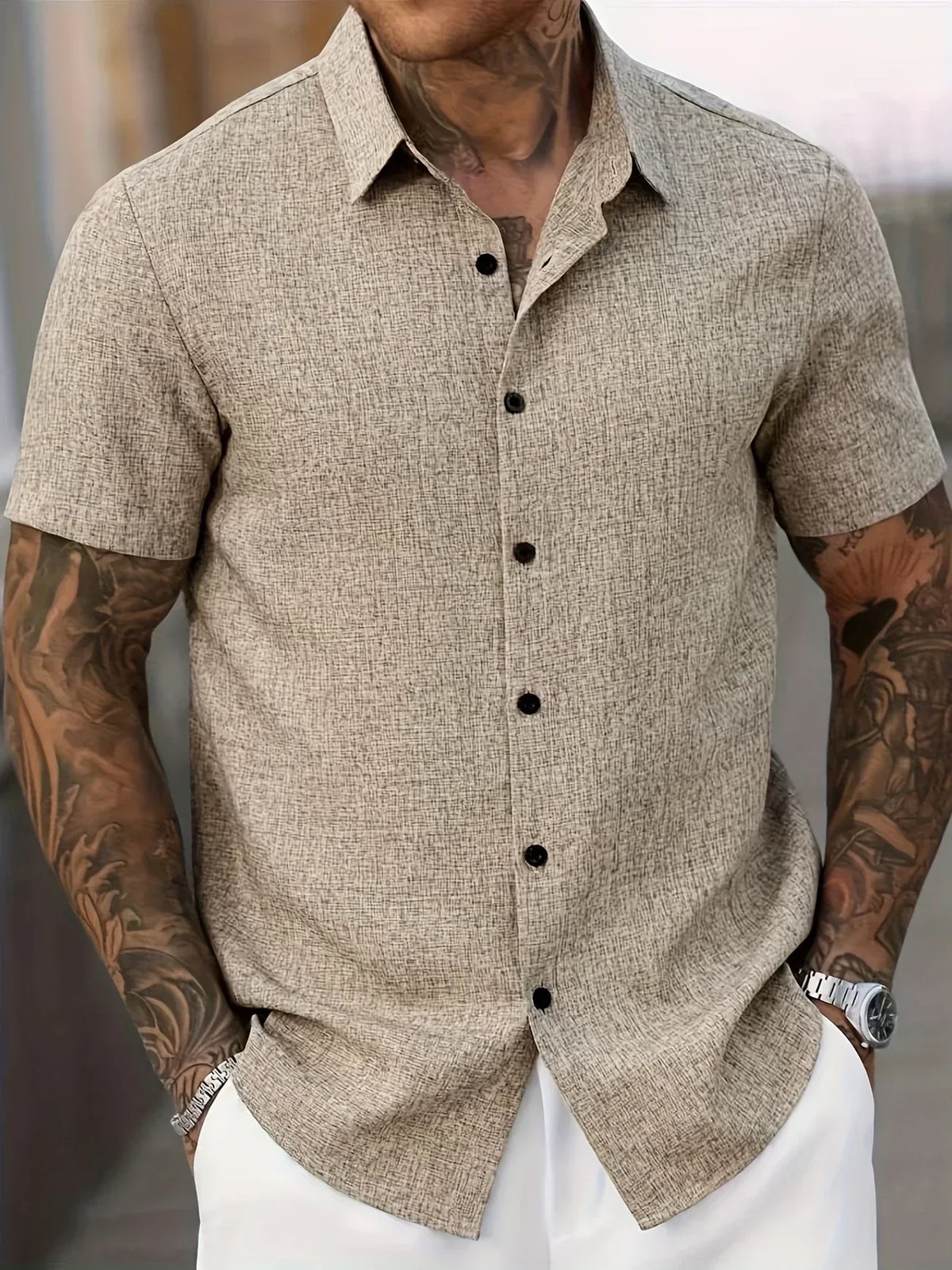 Camisa Ligera de Manga Corta en Mezcla de Lino