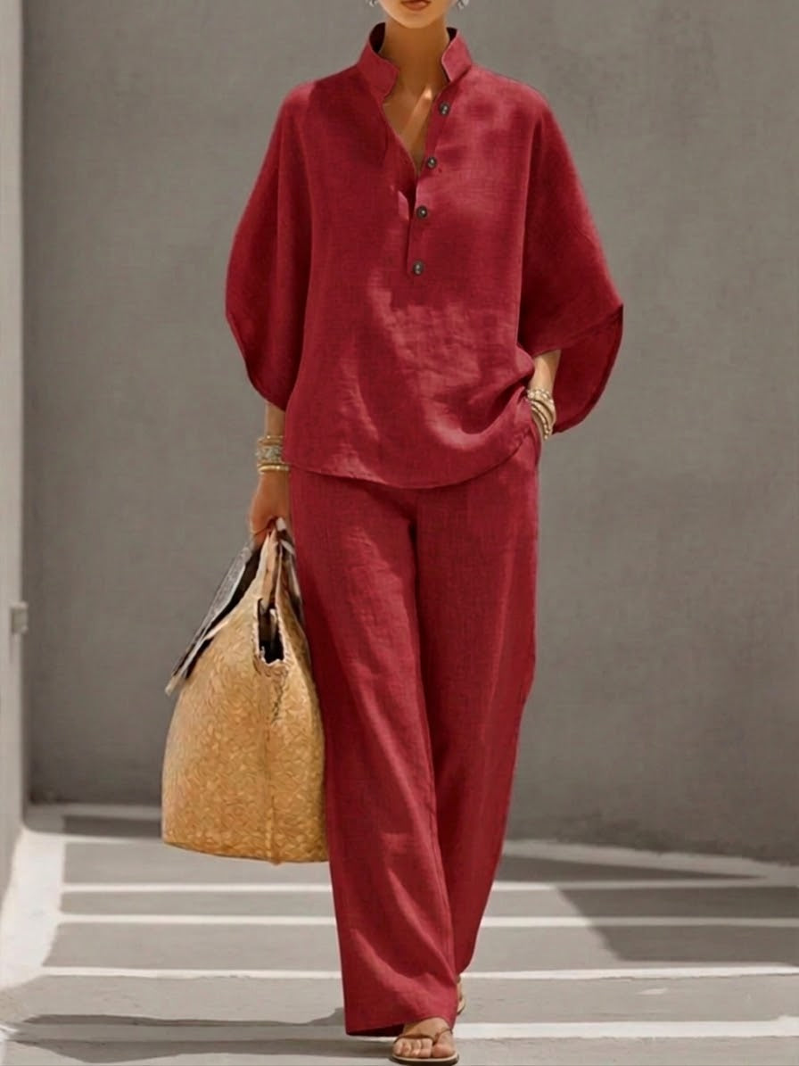 Mariel | Conjunto de algodón y lino con mangas murciélago y pantalón ancho